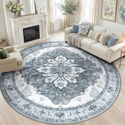 RELEANY Area Rugs Round 10ft Washable Non-Slip, Floral Vintage Distress - Image 3