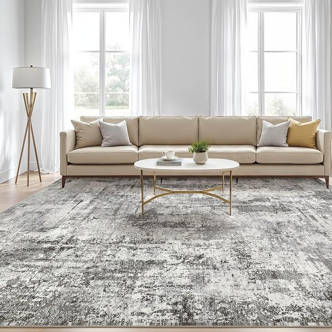 Area Rugs 9x12 Living Room: Washable Large Abstract Neutral Modern Soft Gray - Image 5