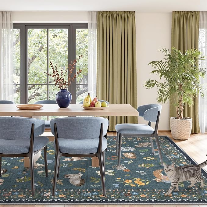Soalmost Cat 9x12 Area Rugs for Living Room, Machine Washable Animal Floral - Image 2