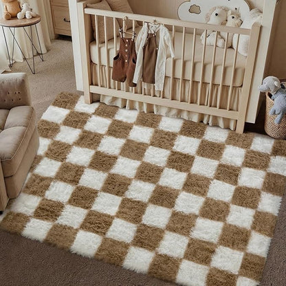 PureCozy 4x6 Area Rugs for Kids Room Brown Soft Shag Checkered Rug Modern - Image 5