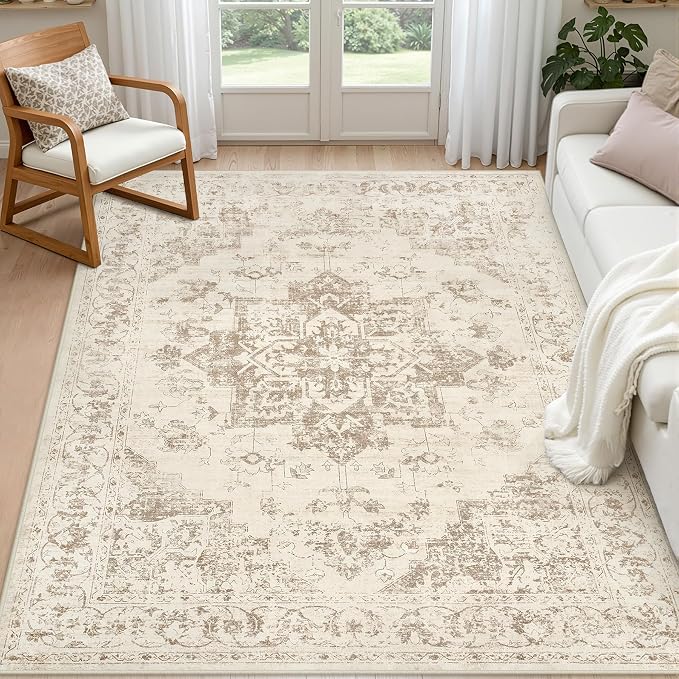 6x9 Area Rugs for Living Room: Vintage Boho Neutral Washable Rug Indoor Soft by Luxturiy