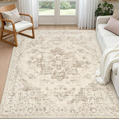 4x6 Area Rugs for Living Room: Vintage Boho Neutral Washable Rug Indoor Soft by Luxturiy