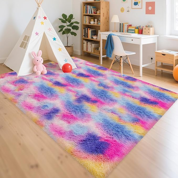 Rainbow Area Rugs 5x8 ft, Tie-Dyed Unicorn Fluffy Fuzzy Shaggy Carpet Soft by TENNOLA