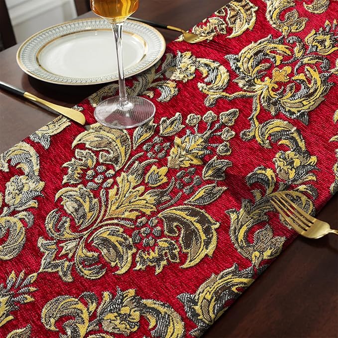 Burgundy Chenille Table Runner 98" Embellished Jacquard - Image 5