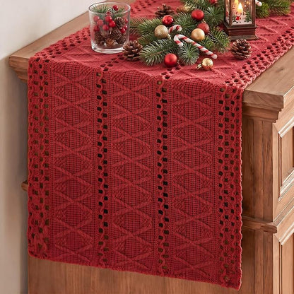 Artoid Mode Rose Red Woven Farmhouse Hollow Table Runner 12x36 Inch | Holiday by ArtoidMode
