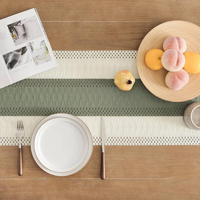Macrame Style Bicolor Stitching Table Runner 14x48in Green | Woven Boho Table - Image 4