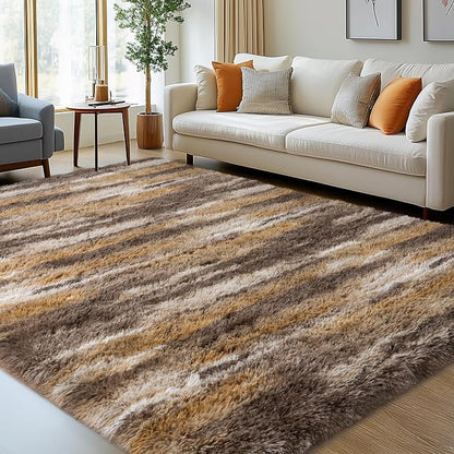 8x10 Shag Rugs for Living Room, Soft Fluffy Abstract Brown Fuzzy Large Area by WISHTREE