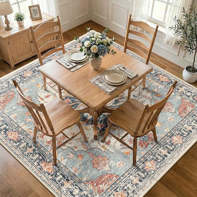RELEANY Area Rugs Square 7ft Washable Non-Slip, Floral Vintage Distress by RELEANY