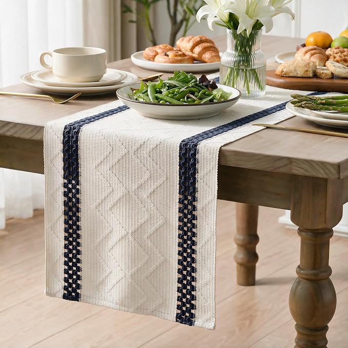 Artoid Mode Dark Blue Stripe Woven Rustic Table Runner 12x60 Inch | Holiday - Image 3