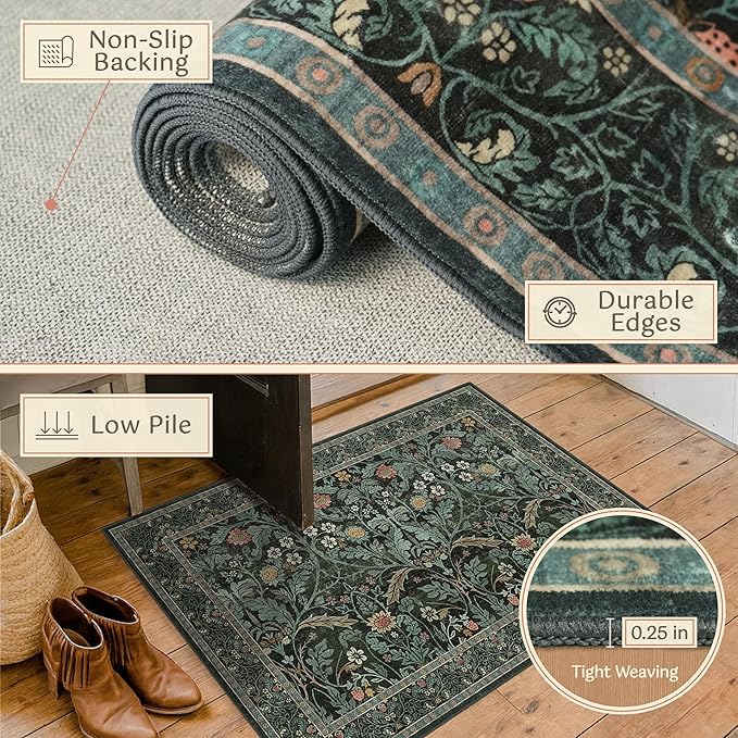 Dark Green 5x8 Dining Room Rug, Floral Washable Soft Non Slip Area Rugs - Image 5