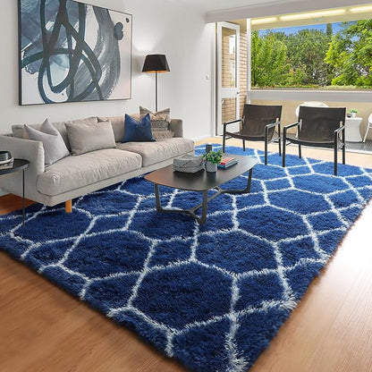 ONASAR 7x9 Area Rugs for Living Room Bedroom, Large Fluffy Navy Blue and White - Image 8