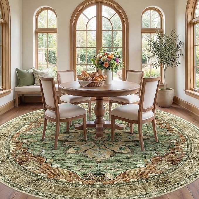 RELEANY Area Rugs Round 8ft Washable Non-Slip, Floral Vintage Distress - Image 2