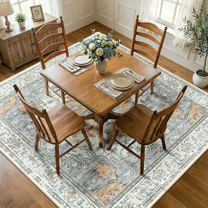 RELEANY Area Rugs Square 7ft Washable Non-Slip, Floral Vintage Distress by RELEANY