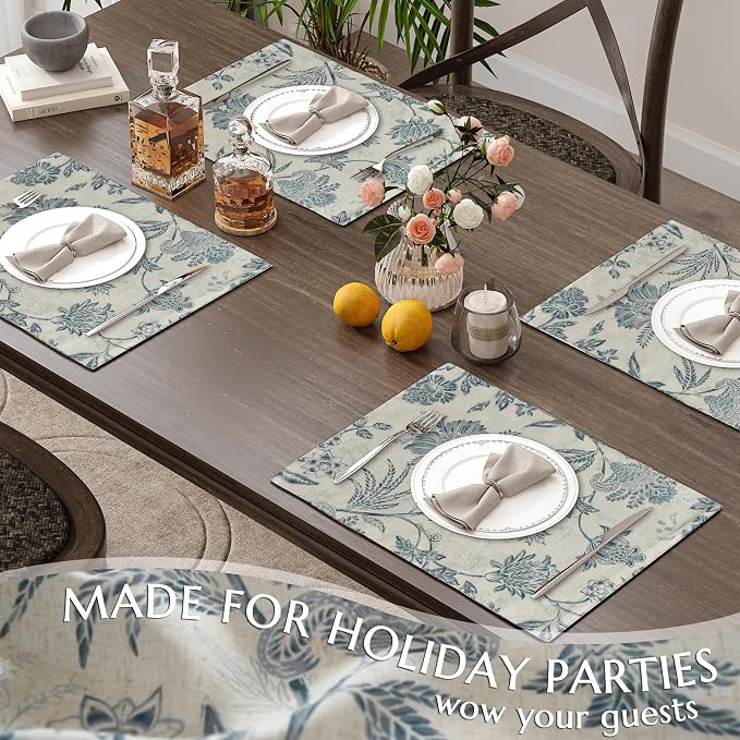 JINCHAN Sliva Linen Floral Placemats Set of 4 Farmhouse 13x19 Inch Blue | - Image 7