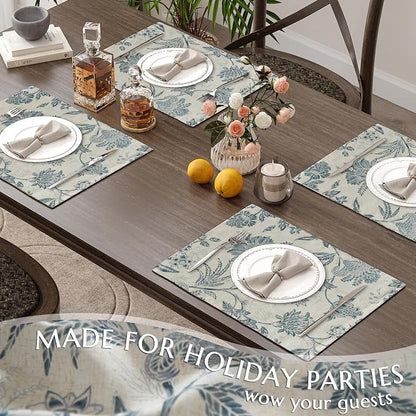 JINCHAN Sliva Linen Floral Placemats Set of 4 Farmhouse 13x19 Inch Blue | - Image 7