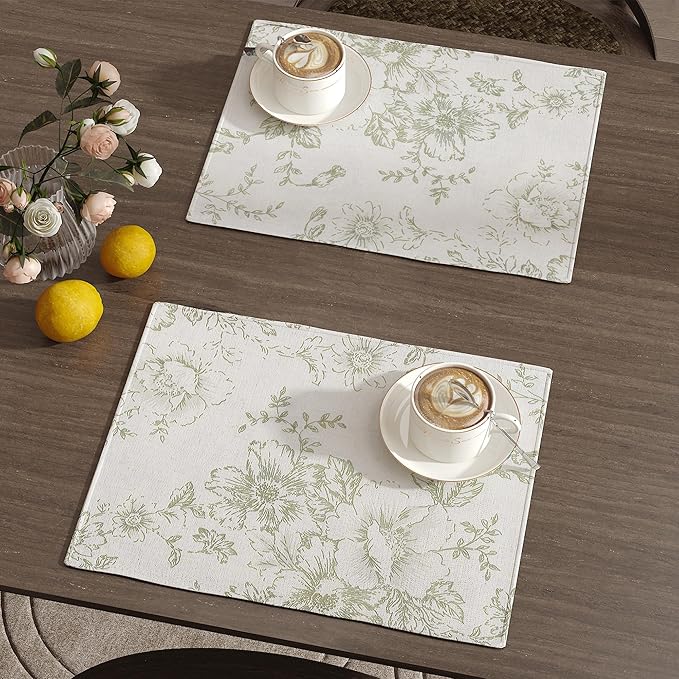 JINCHAN Alice Linen Floral Placemats Set of 4 Farmhouse 13x19 Inch Green | - Image 2