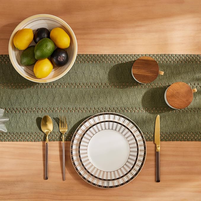 Macrame Style Boho Table Runner, 12x48 Inch Moss | Woven Boho Table Runner - Image 4