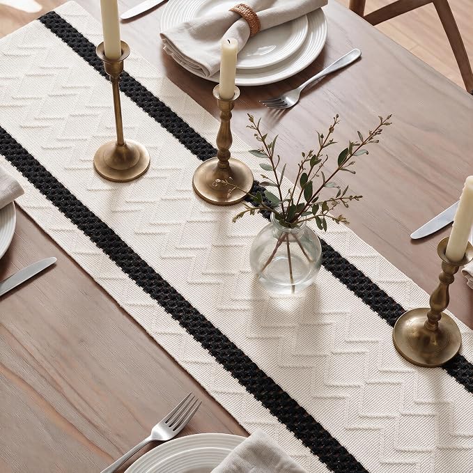 Artoid Mode Black Stripe Woven Rustic Table Runner 12x90 Inch | Holiday Kitchen - Image 4