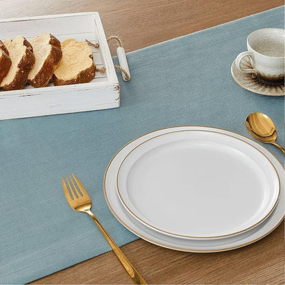 Linen Textured Border Table Runner, 14 x 36 Inch Blue | Mitered Corner Design - Image 5