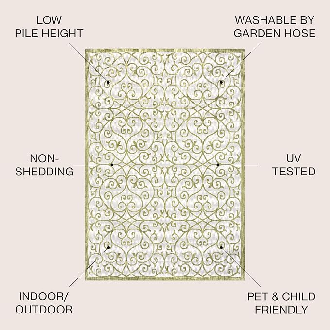 JONATHAN Y Vintage Filigree Indoor Outdoor Round Area Rug 5 Ft Green/Cream - Image 2