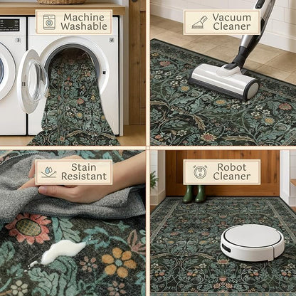Dark Green 5x8 Dining Room Rug, Floral Washable Soft Non Slip Area Rugs - Image 4