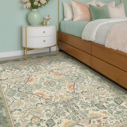 Hazo Haus 5x8 Vintage Sage Green Area Rug, Washable Botanical Bird Pattern Rug - Image 6