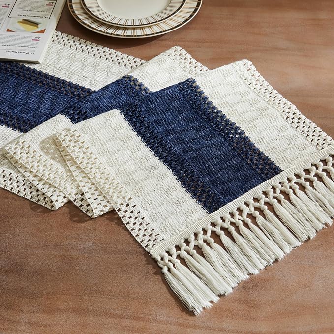 Macrame Style Bicolor Stitching Table Runner 14x36in Navy Blue | Woven Boho by ZEEMARTONLINE