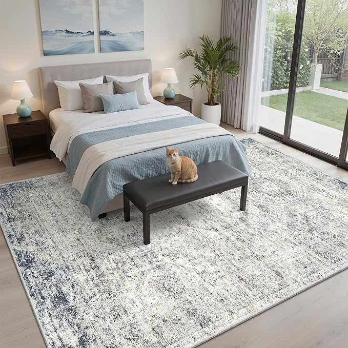 Soalmost 5x8 Area Rugs Blue Ivory Low Pile Indoor Washable Trendy Faded Style - Image 3