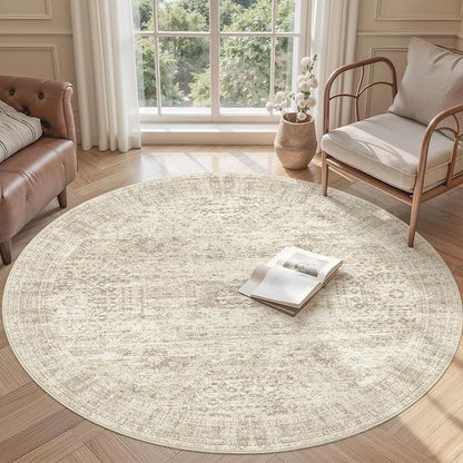 Soalmost 5x5 Beige Round Rug 5ft Living Room Circle Rug Vintage Round Area Rug - Image 2