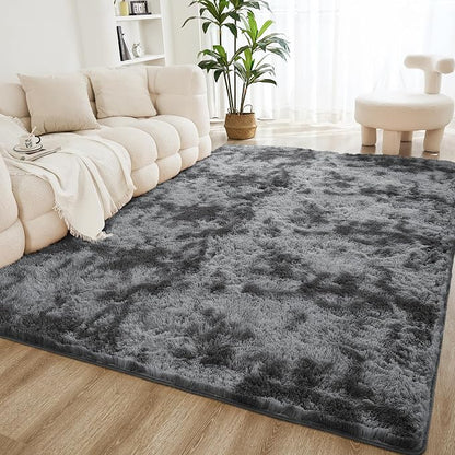Litanika 6x9 Shag Area Rug for Living Room Bedroom, Tie-Dyed Dark Grey High by Litanika