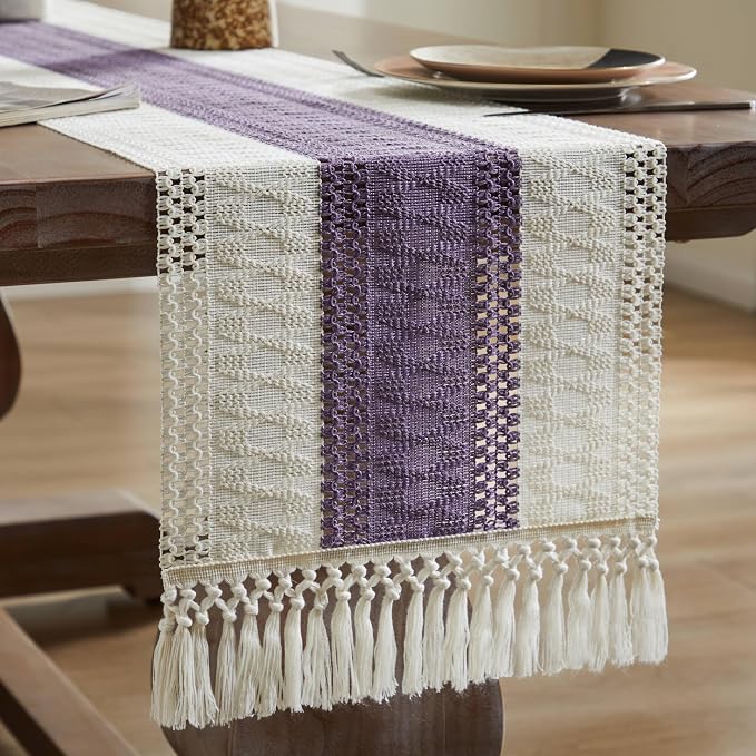 Macrame Style Bicolor Stitching Table Runner 14x72in Purple | Woven Boho Table - Image 7