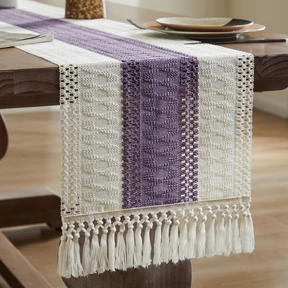 Macrame Style Bicolor Stitching Table Runner 14x72in Purple | Woven Boho Table - Image 7