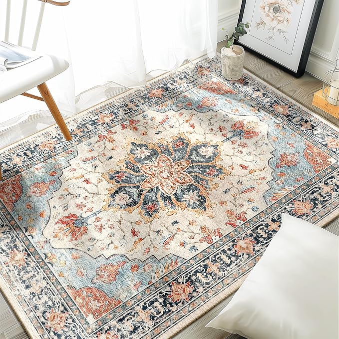 RELEANY Area Rugs 3'x4' Washable Non-Slip, Floral Vintage Distress Medallion by RELEANY