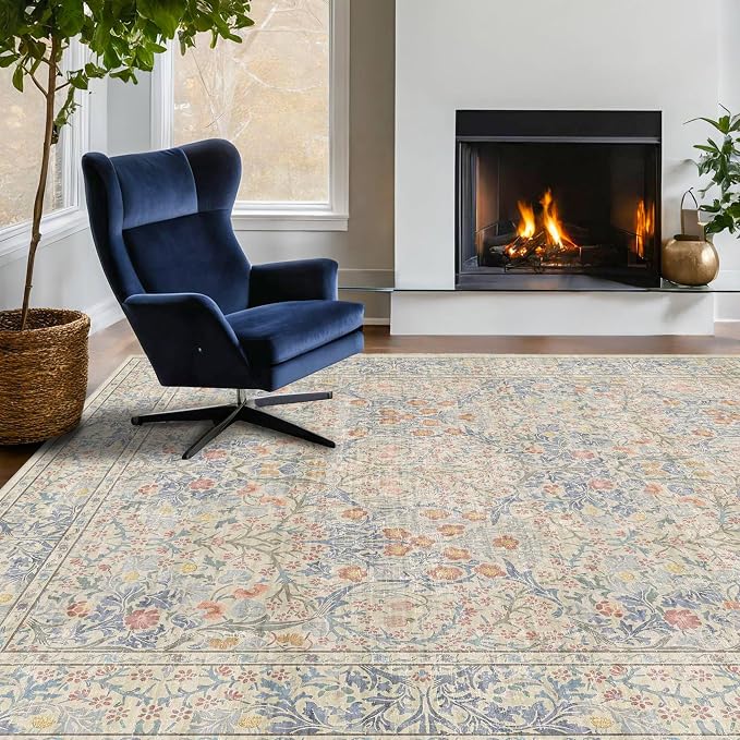 Hazo Haus Boho Beige Blue Living Room Rug 6x8 by HazoHaus