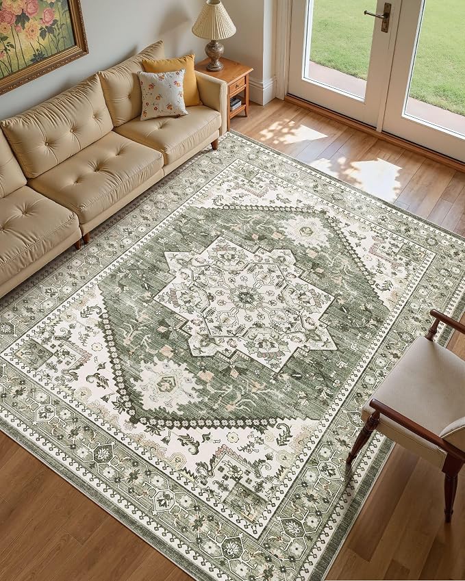 8x10 Vintage Area Rug: Washable Neutral Soft Non Slip Thin Large Floor Carpet by MICGEEK
