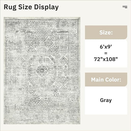 Soalmost 6x9 Area Rug for Living Room Floral Washable Non-Slip Gray Rugs for - Image 3