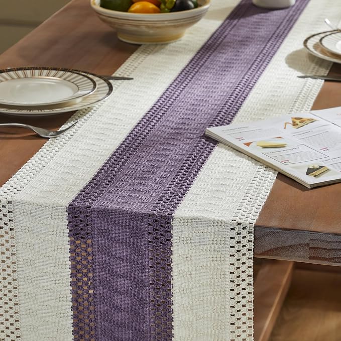 Macrame Style Bicolor Stitching Table Runner 14x72in Purple | Woven Boho Table - Image 5
