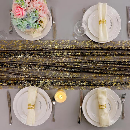Snowkingdom 6 Pcs Black & Gold Cheesecloth Table Runner 10 FT, Sheer Chiffon - Image 6