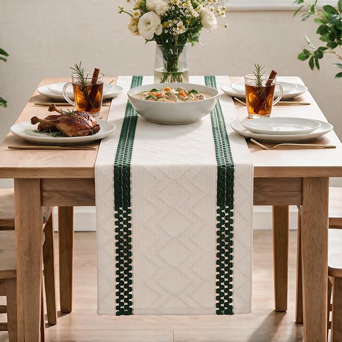 Artoid Mode Forest Green Stripe Woven Rustic Table Runner 12x36 Inch | Holiday - Image 2