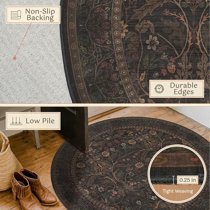 7ft Round Rug for Living Room, Moody Farmhouse Floral Circle Area Rug, Washable - Image 4