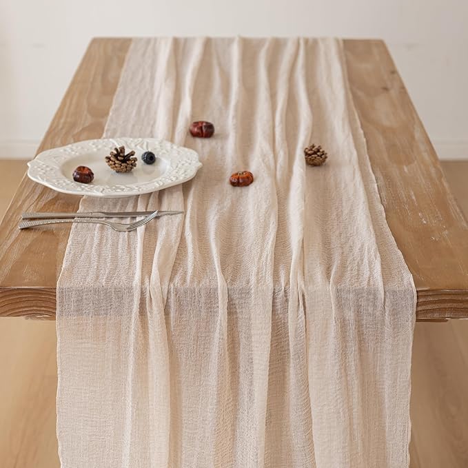 3Pcs Light Beige Cheesecloth Table Runner 120 Inches - Image 3