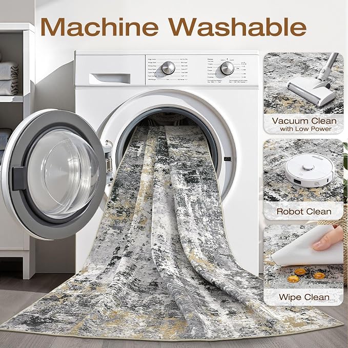 5x8 Area Rug Living Room: Washable Large Abstract Neutral Modern Soft Rug Stain - Image 2