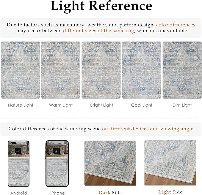 9x12 Neutral Area Rug Blue Vintage Living Room Bedroom Washable Carpet Non-Slip - Image 9