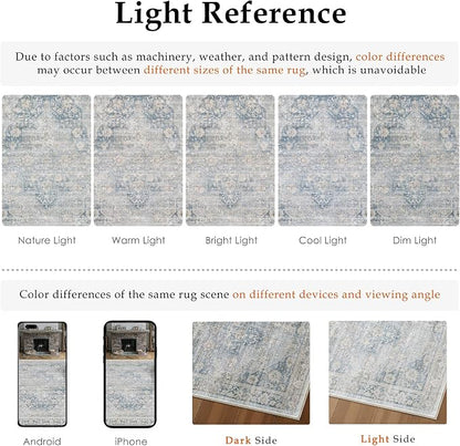 9x12 Neutral Area Rug Blue Vintage Living Room Bedroom Washable Carpet Non-Slip - Image 9