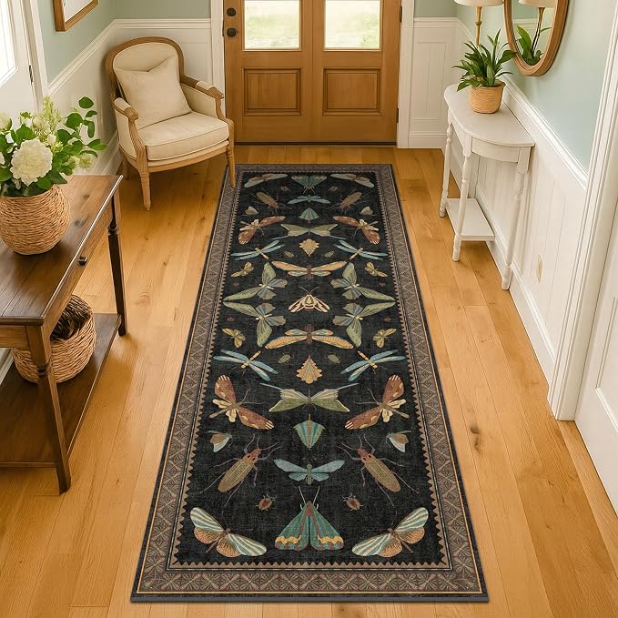 2x7 Black Non Slip Entryway Runner Rug, Boho Washable Runner by HazoHaus