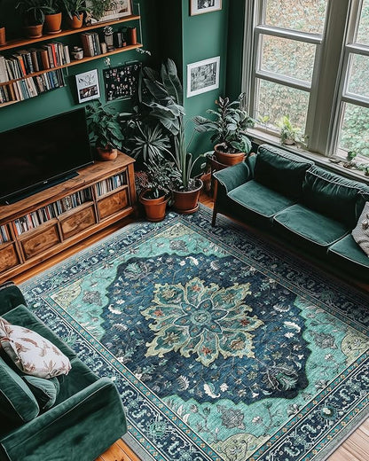 RELEANY Area Rugs 8'x10' Washable Non-Slip, Floral Vintage Distress Medallion - Image 2