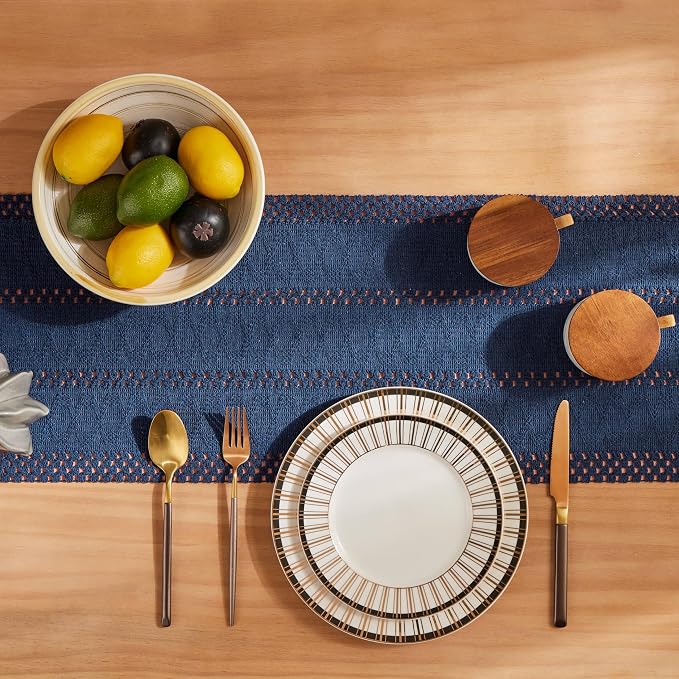 Macrame Style Boho Table Runner, 12x36 Inch Navy Blue | Woven Boho Table Runner - Image 4
