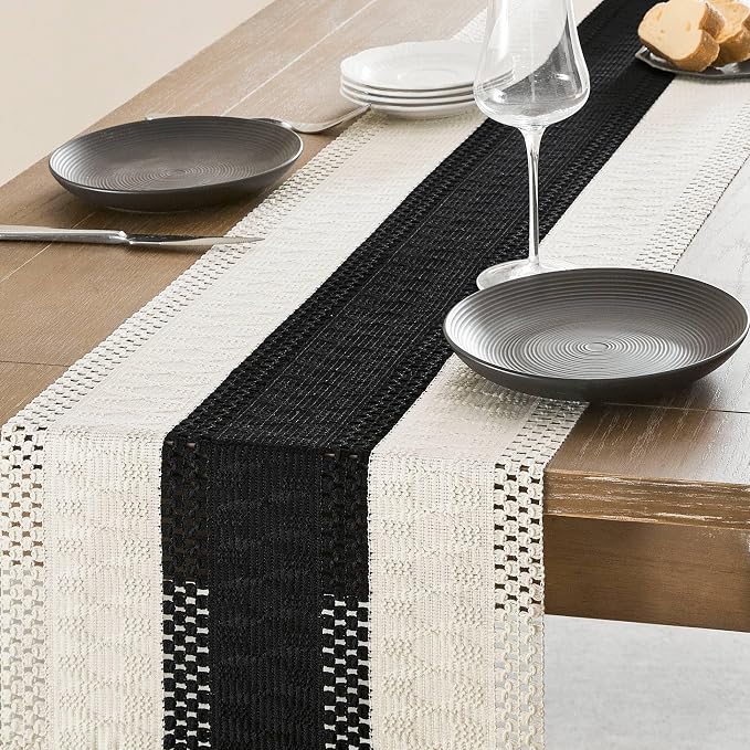 Macrame Style Bicolor Stitching Table Runner 14x48in Black | Woven Boho Table - Image 4