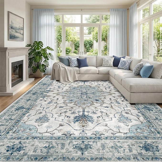 RELEANY Area Rugs Large 10'x12' Washable Non-Slip, Floral Vintage Distress by RELEANY