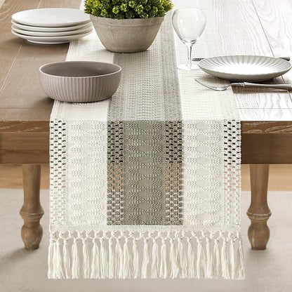 Macrame Style Bicolor Stitching Table Runner 14x108in Dark Sage | Woven Boho - Image 2